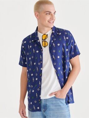 Coca-Cola x AERO Button Front Shirt M Blue Peace Sign Cactus Print - Unisex
